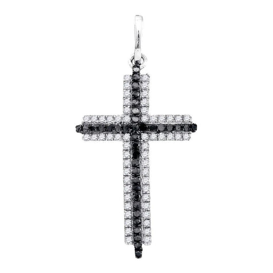 14k White Gold Round Black Diamond Cross Pendant 1/4 Cttw