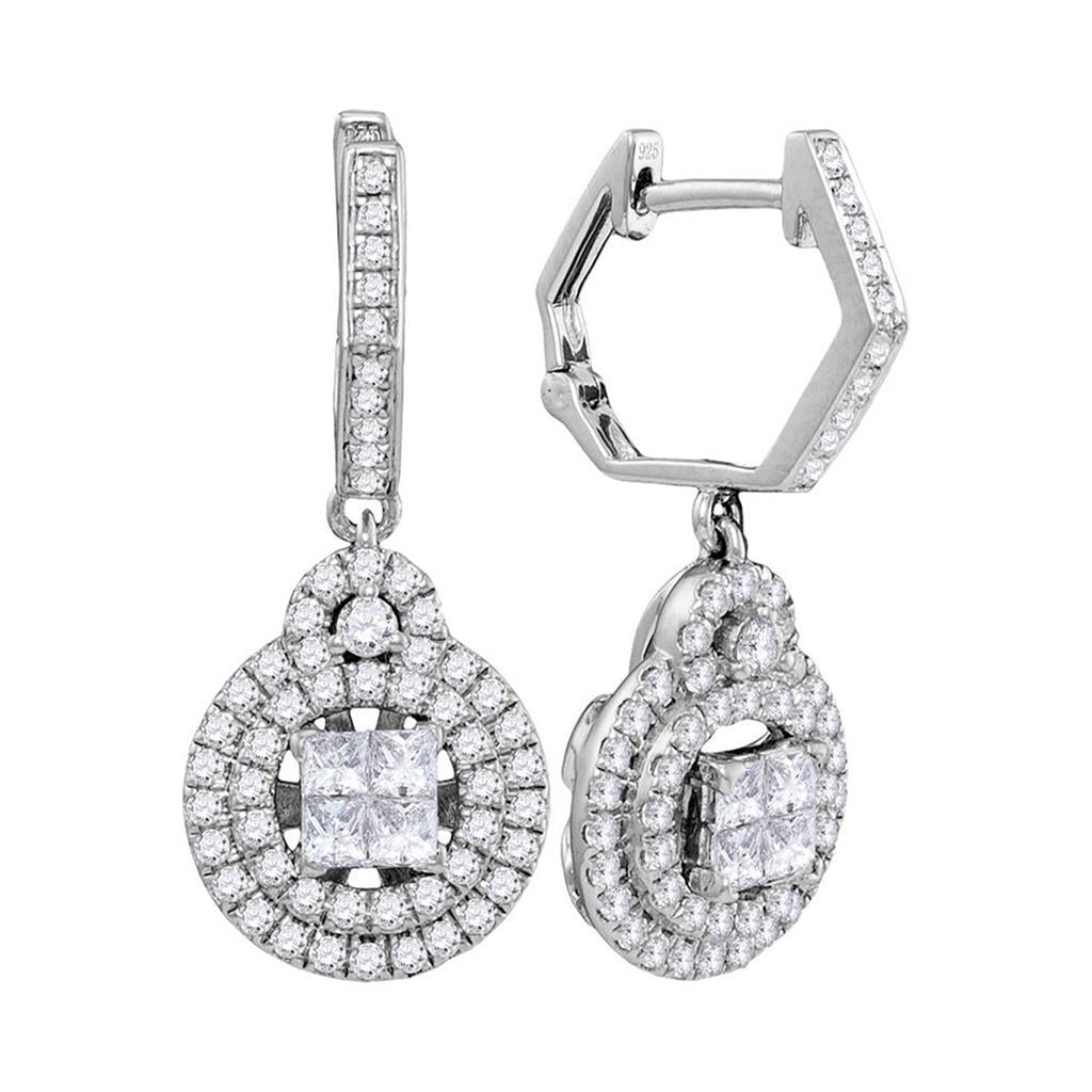 14k White Gold Princess Diamond Double Circle Frame Dangle Earrings 1 Cttw