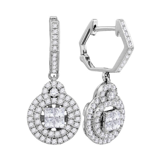 14k White Gold Princess Diamond Double Circle Frame Dangle Earrings 1 Cttw