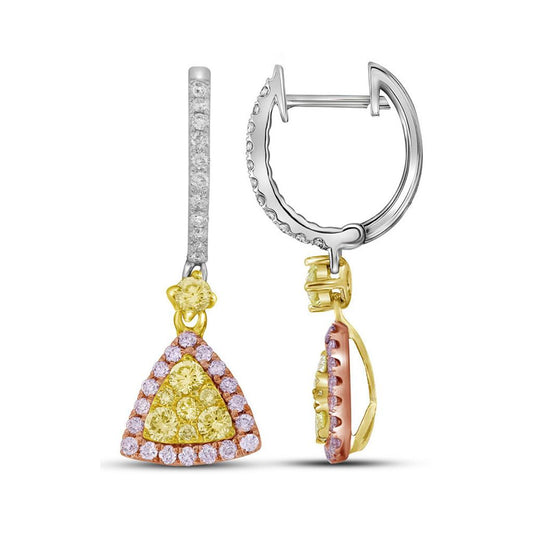 14k White Gold Round Yellow Pink Diamond Triangle Dangle Earrings 1 Cttw