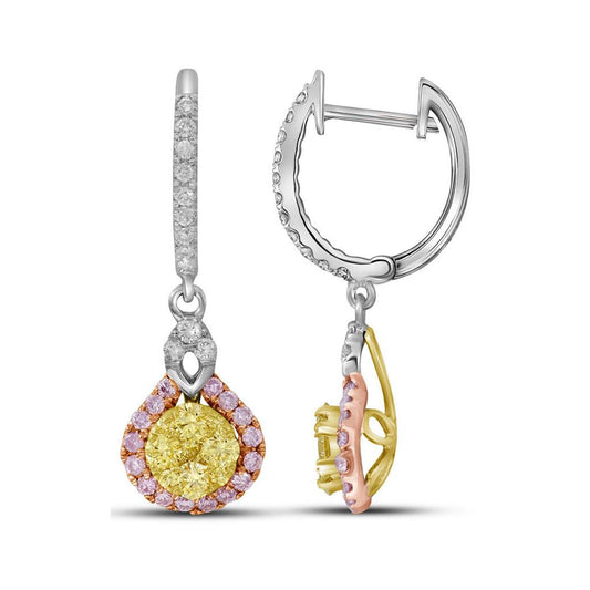 14k White Gold Round Canary Yellow Pink Diamond Dangle Earrings 1 Cttw