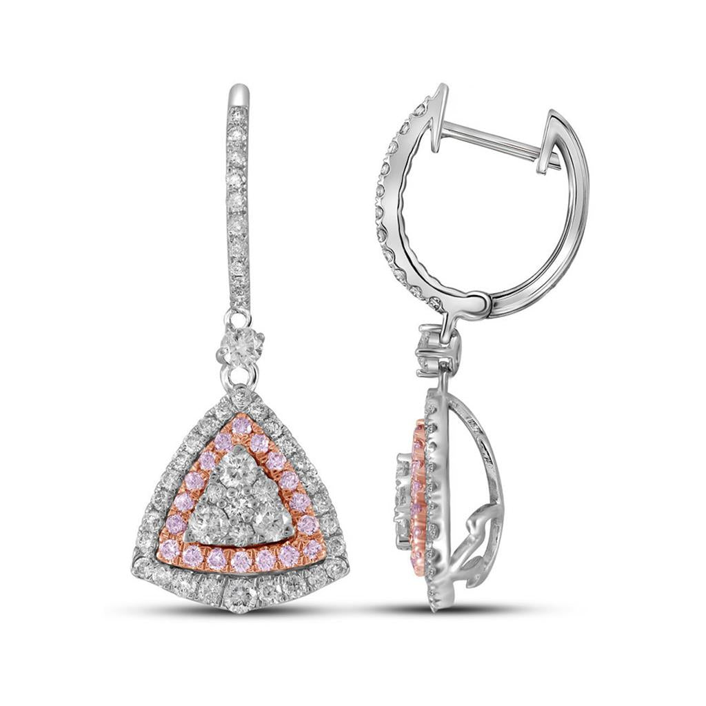 14k White Gold Round Pink Diamond Triangle Dangle Earrings 1-1/2 Cttw
