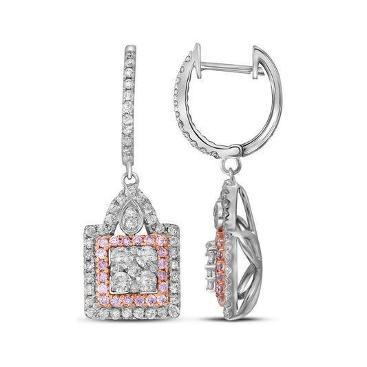 14k White Gold Round Pink Diamond Square Cluster Dangle Earrings 1 Cttw