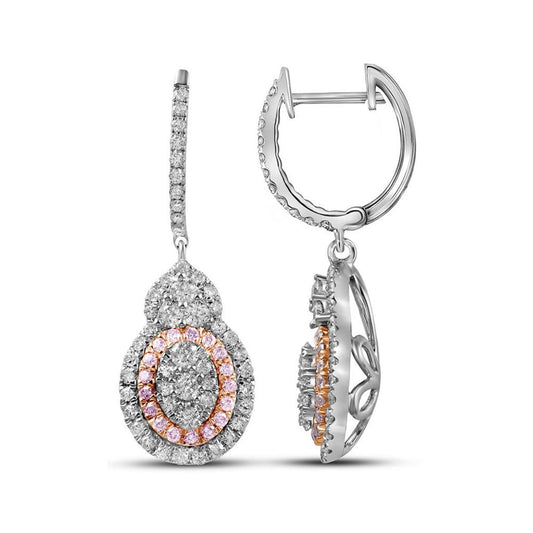 14k White Gold Round Pink Diamond Oval Dangle Earrings 1-3/8 Cttw