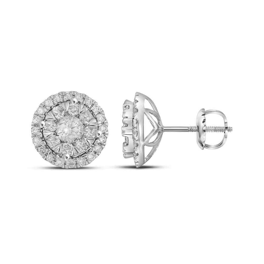 14k White Gold Round Diamond Concentric Circle Frame Cluster Earrings 1 Cttw