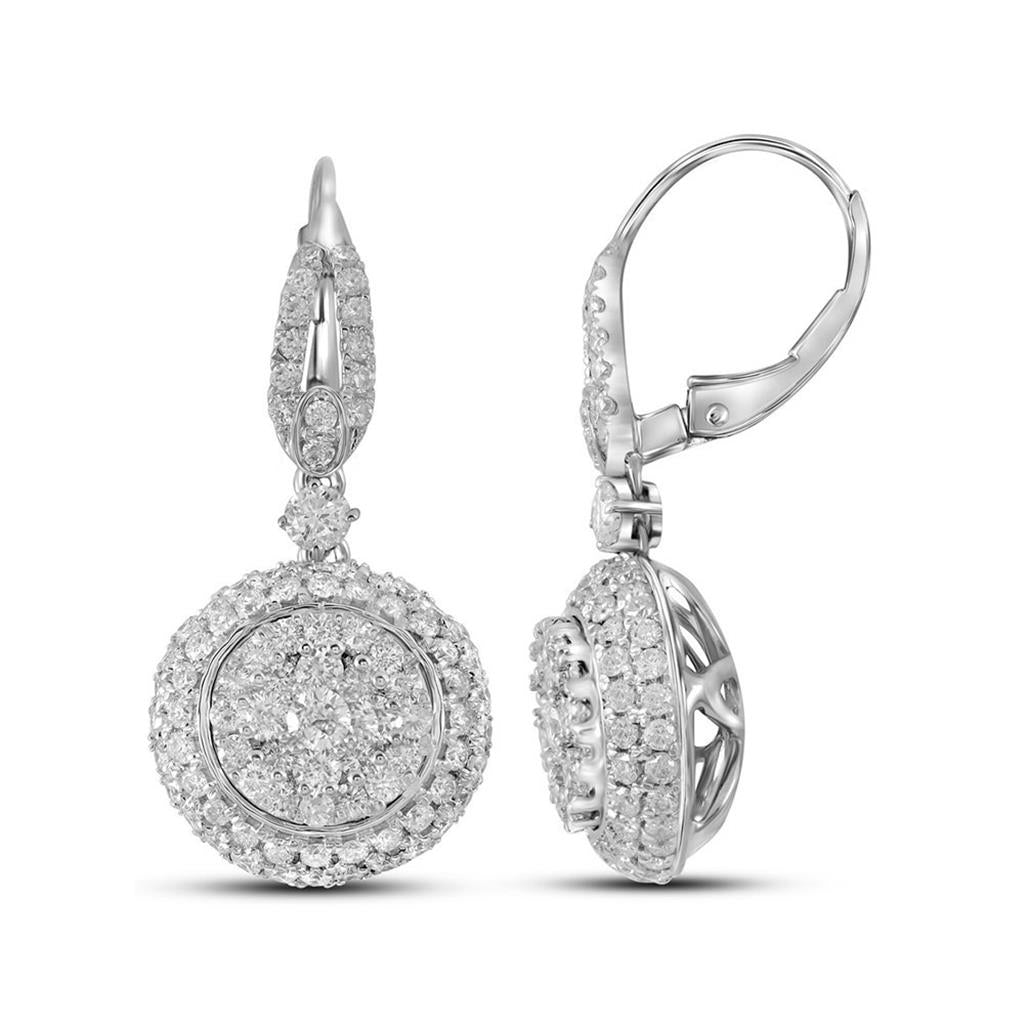 14k White Gold Round Diamond Circle Cluster Dangle Earrings 2 Cttw