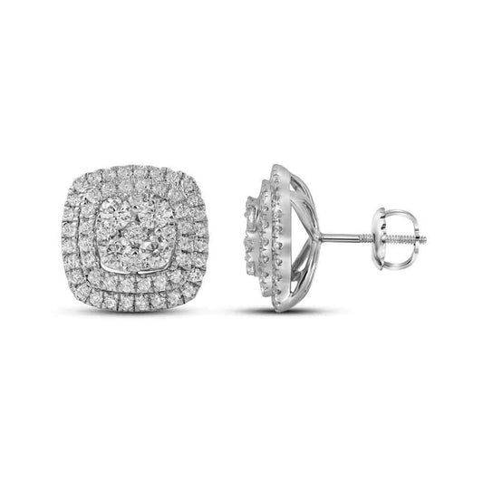 14k White Gold Round Diamond Double Square Frame Cluster Earrings 1-1/2 Cttw