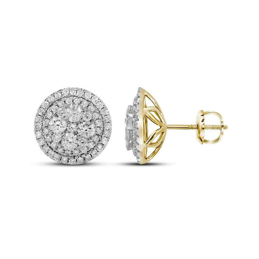 14k Yellow Gold Round Diamond Flower Cluster Earrings 1-3/4 Cttw