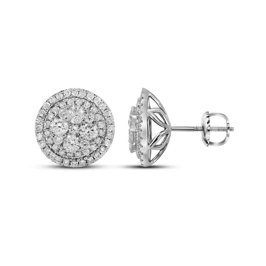 14k White Gold Round Diamond Flower Cluster Earrings 1-3/4 Cttw