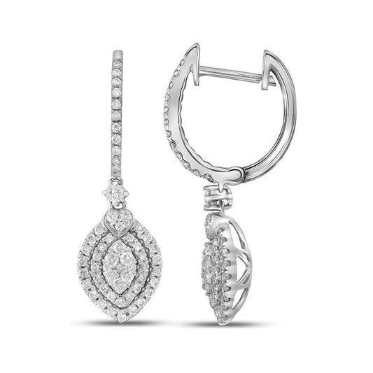 14k White Gold Round Diamond Double Oval Frame Dangle Earrings 1 Cttw