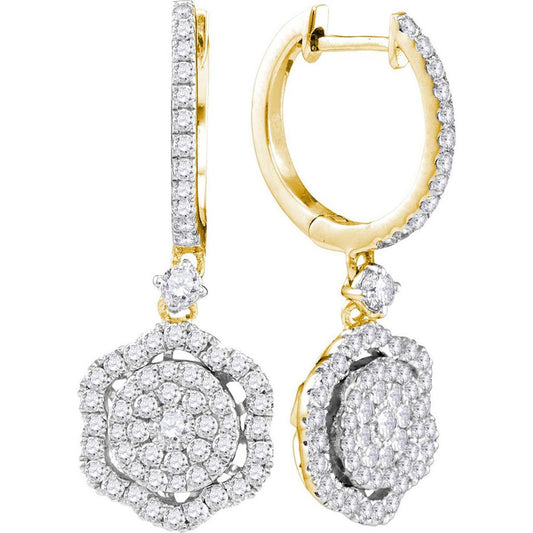 14k Yellow Gold Round Diamond Hexagon Frame Cluster Dangle Earrings 1 Cttw