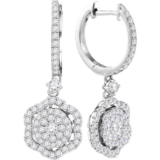 14k White Gold Round Diamond Hexagon Frame Cluster Dangle Earrings 1 Cttw