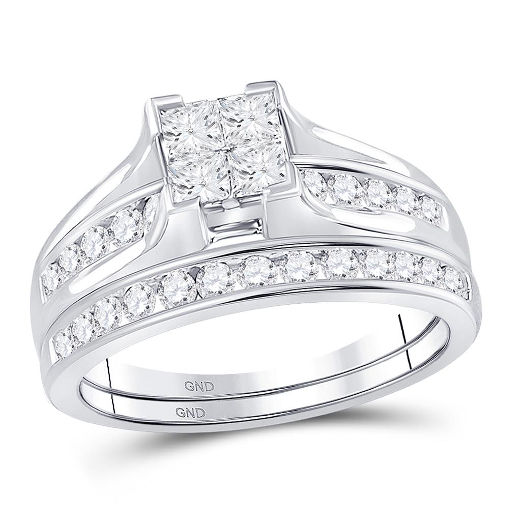 14k White Gold Princess Diamond Bridal Wedding Ring Set 7/8 Cttw