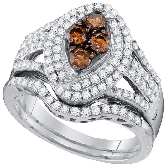 14k White Gold Round Brown Diamond Bridal Wedding Ring Set 1 Cttw