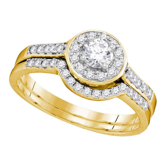 14k Yellow Gold Diamond Round Halo Bridal Wedding Ring Set 1/2 Cttw