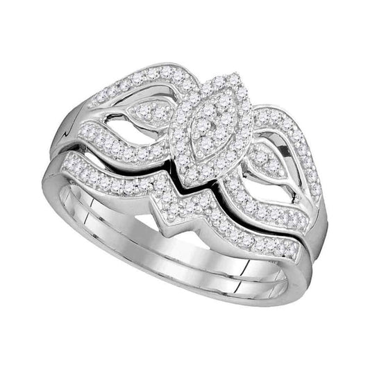 14k White Gold Round Diamond Oval Cluster Bridal Wedding Ring Set 1/3 Cttw
