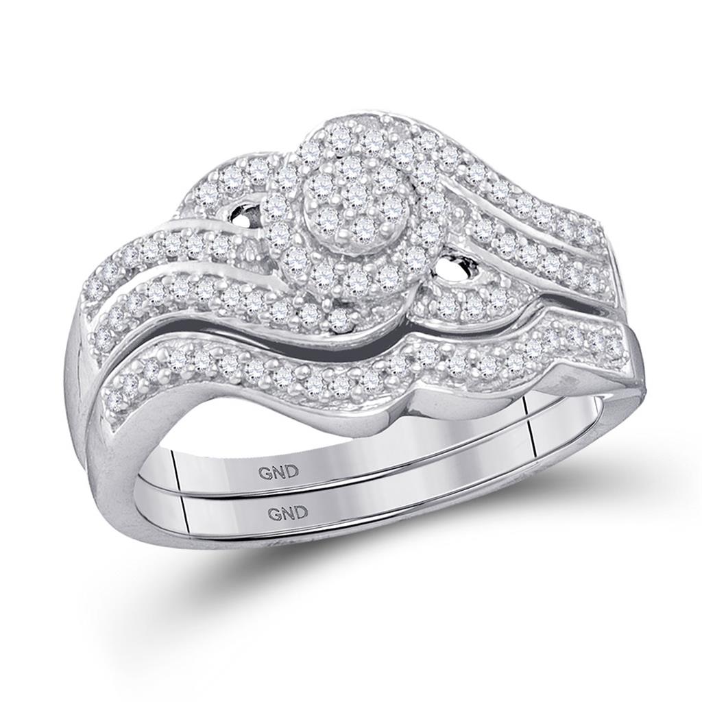 14k White Gold Round Diamond Cluster Bridal Wedding Ring Set 1/2 Cttw