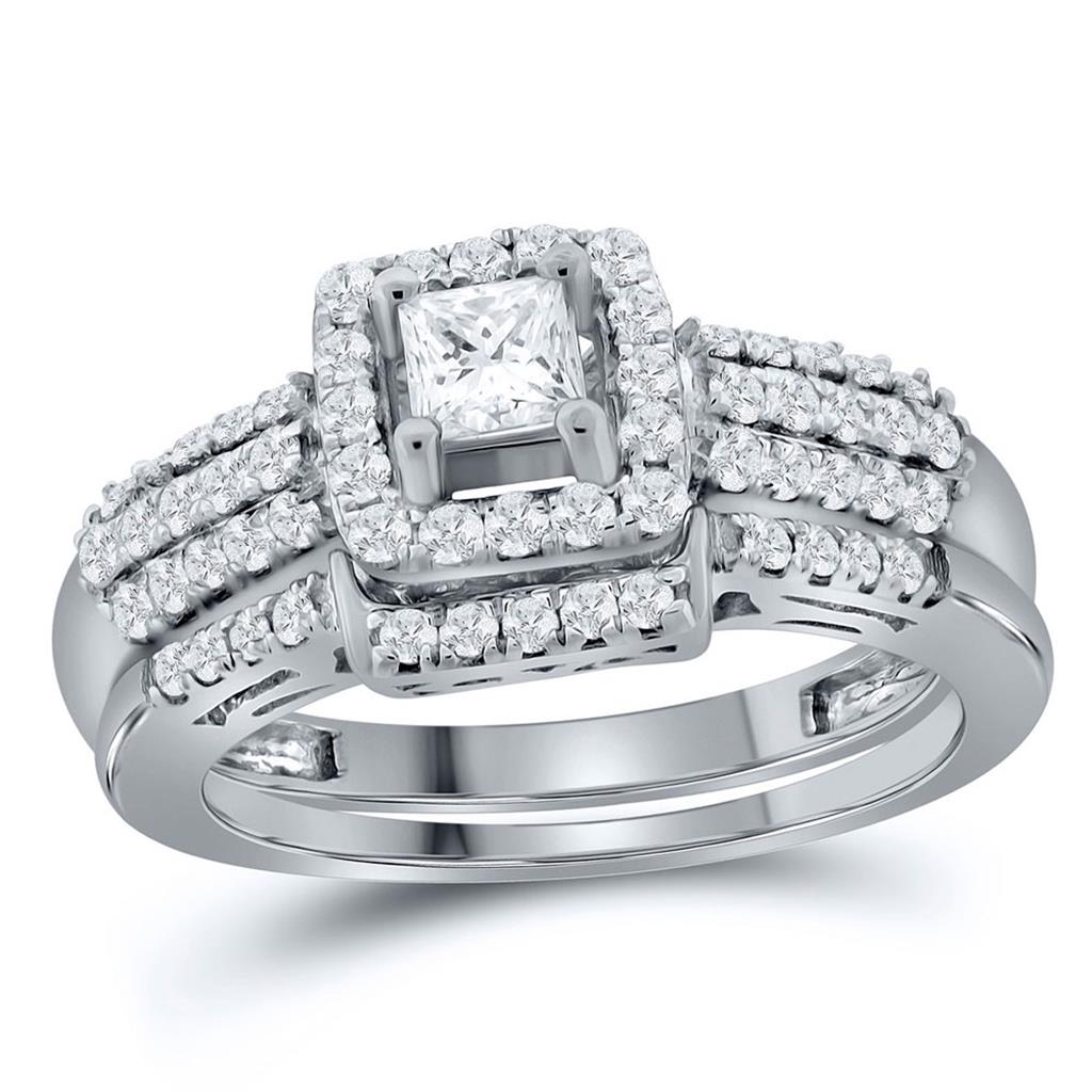 14k White Gold Princess Diamond Bridal Wedding Ring Set 7/8 Cttw