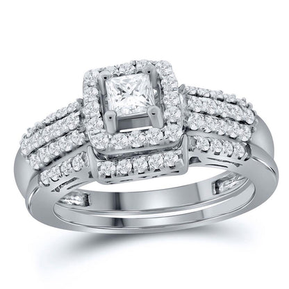 14k White Gold Princess Diamond Bridal Wedding Ring Set 7/8 Cttw