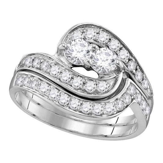 14k White Gold Round Diamond 2-Stone Bridal Wedding Ring Set 1/2 Cttw