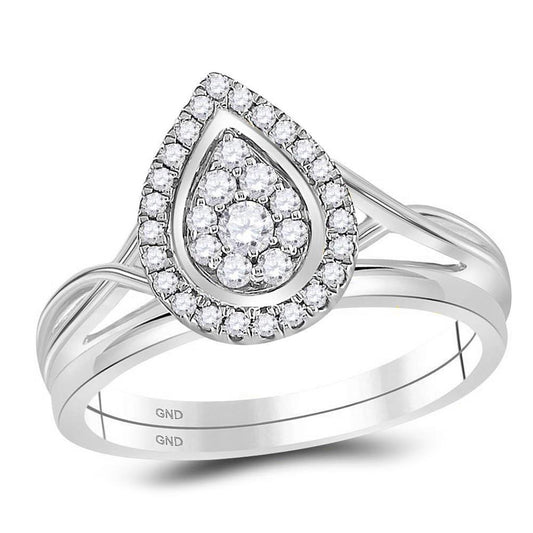 14k White Gold Round Diamond Teardrop Cluster Bridal Wedding Ring Set 1/3 Cttw