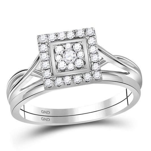 14k White Gold Round Diamond Square Bridal Wedding Ring Set 1/3 Cttw