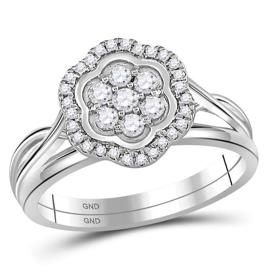 14k White Gold Round Diamond Cluster Bridal Wedding Ring Set 1/3 Cttw
