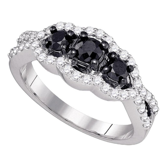 14k White Gold Round Black Diamond 3-stone Bridal Ring 1 Cttw