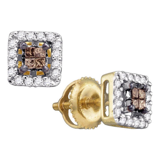 14k Yellow Gold Princess Brown Diamond Square Earrings 1/3 Cttw