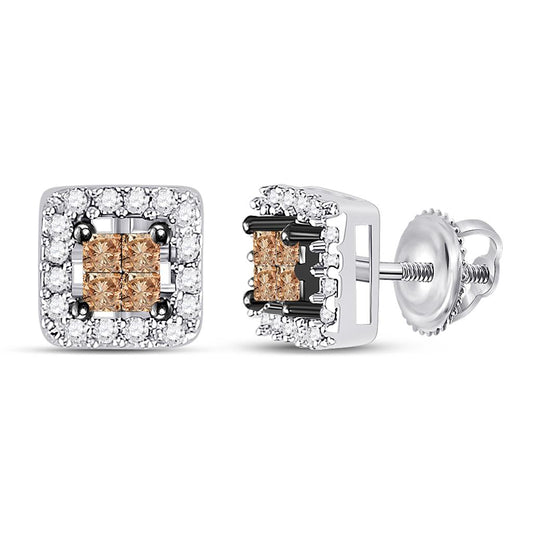 14k White Gold Princess Brown Diamond Square Earrings 1/3 Cttw