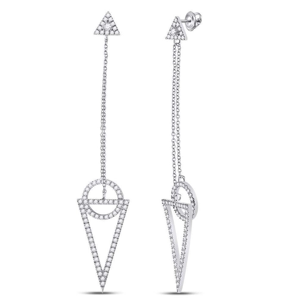 14kt White Gold Round Diamond Circle Triangle Dangle Earrings 3/4 Cttw