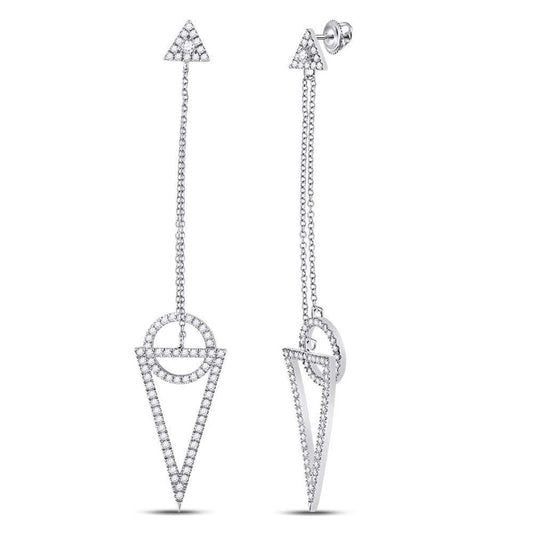14kt White Gold Round Diamond Circle Triangle Dangle Earrings 3/4 Cttw