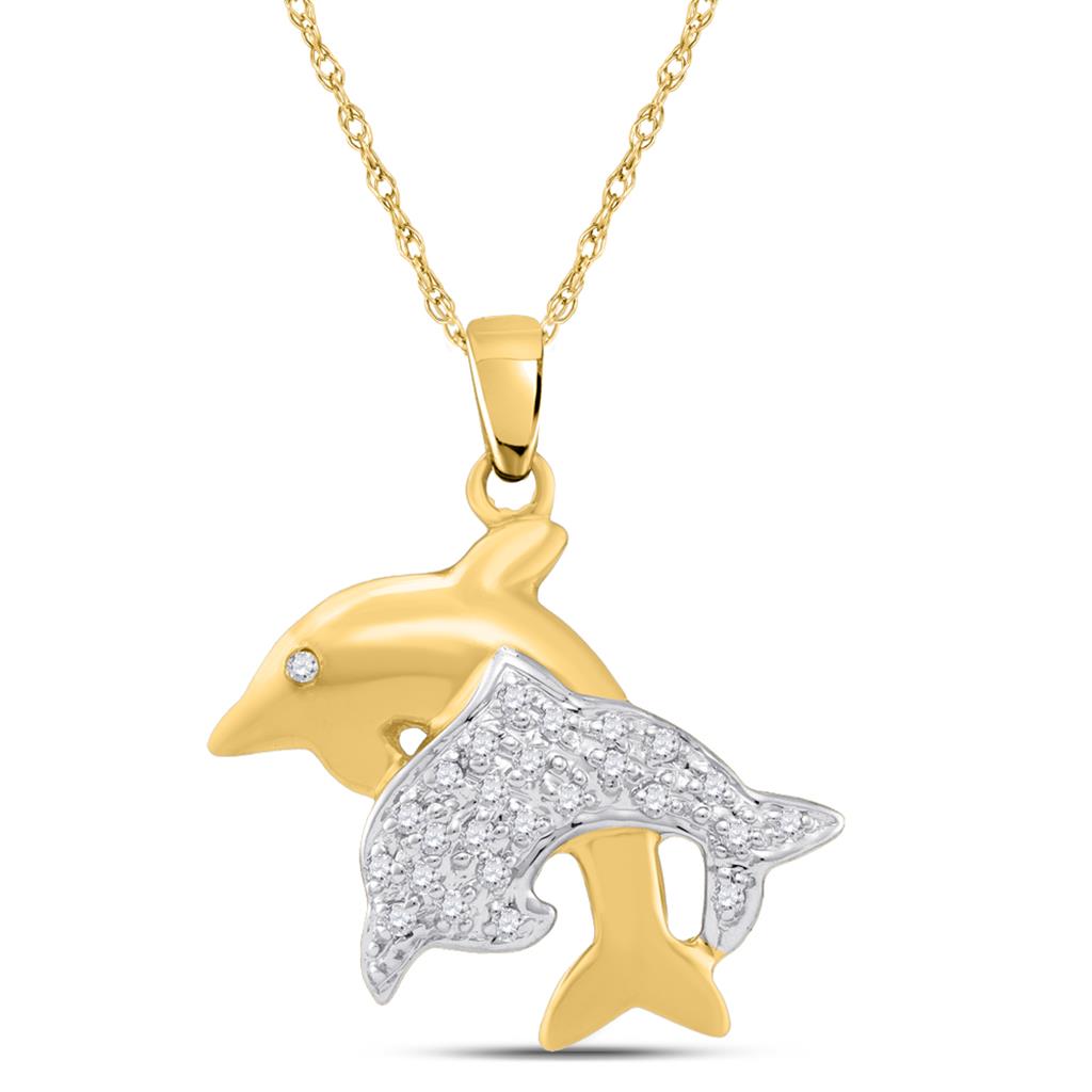 10k Yellow Gold Round Diamond Double Dolphin Fish Animal Pendant 1/8 Cttw