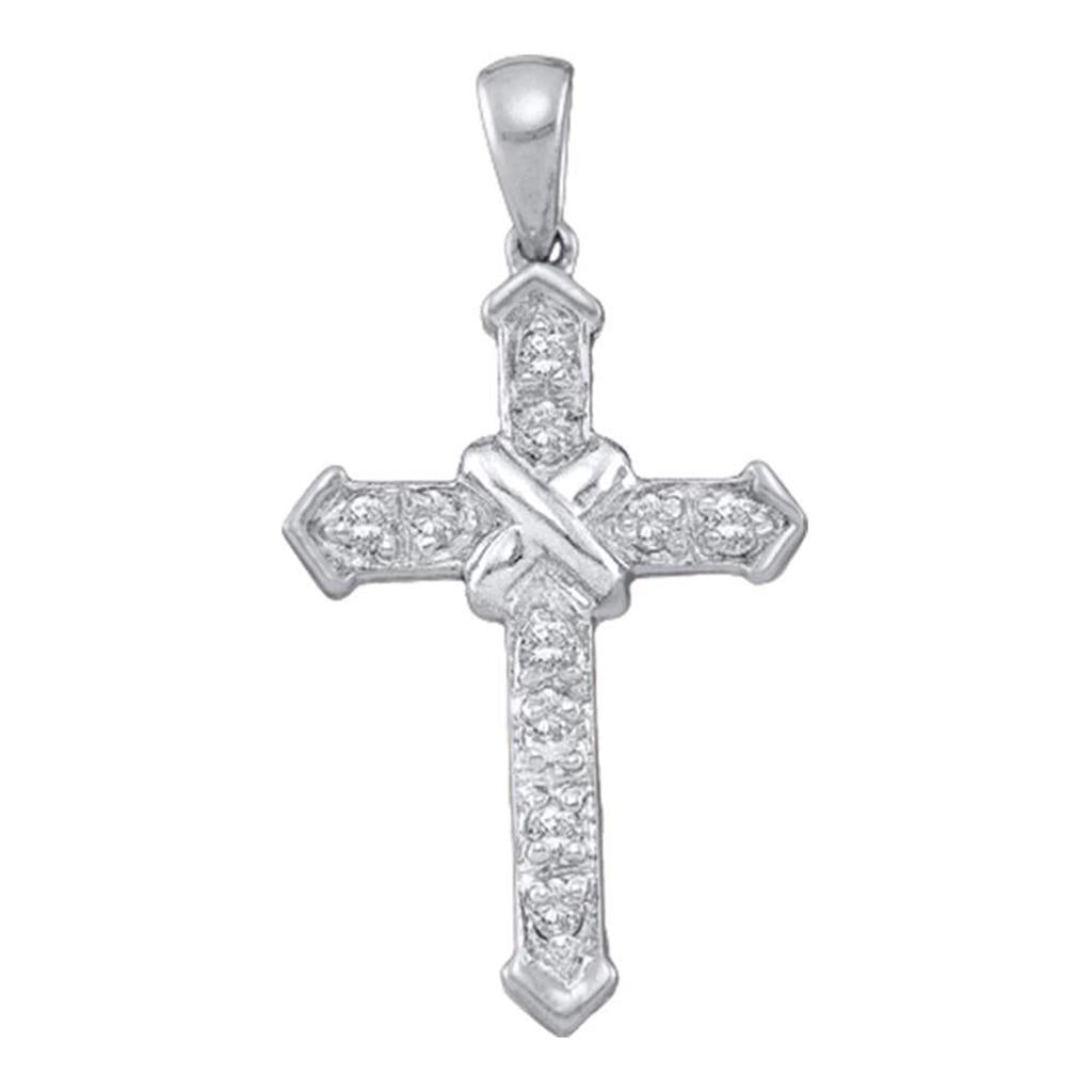 14k White Gold Round Diamond Cross Pendant 1/10 Cttw