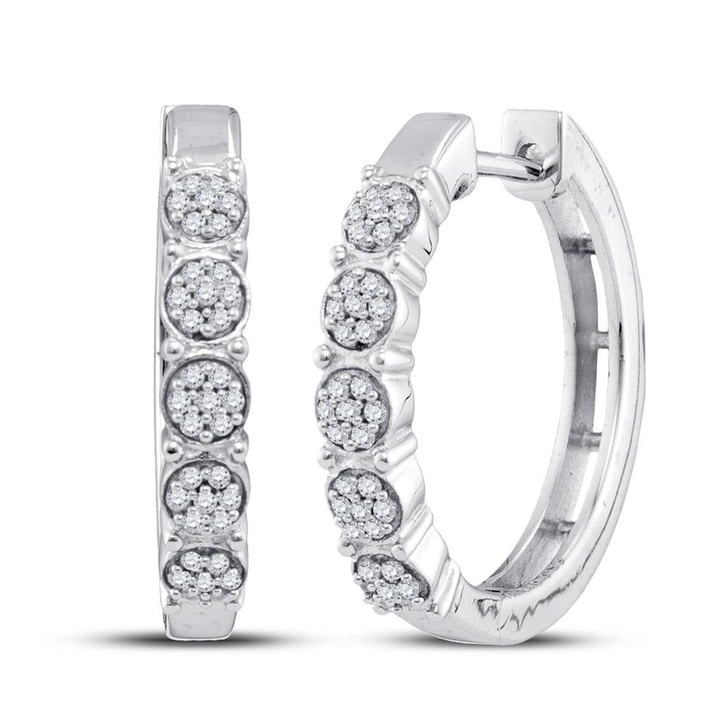 14k White Gold Round Diamond Cluster Hoop Earrings 1/5 Cttw