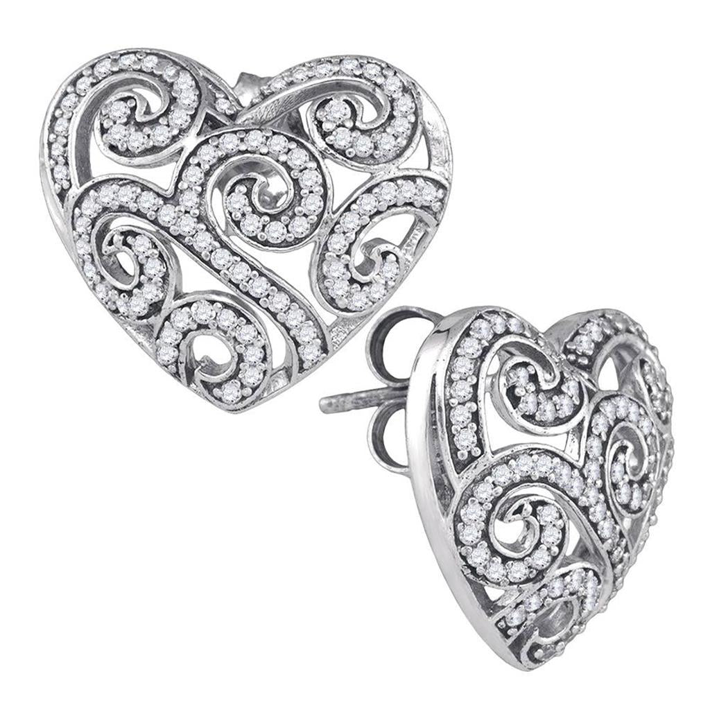 14k White Gold Round Diamond Heart Earrings 1/2 Cttw