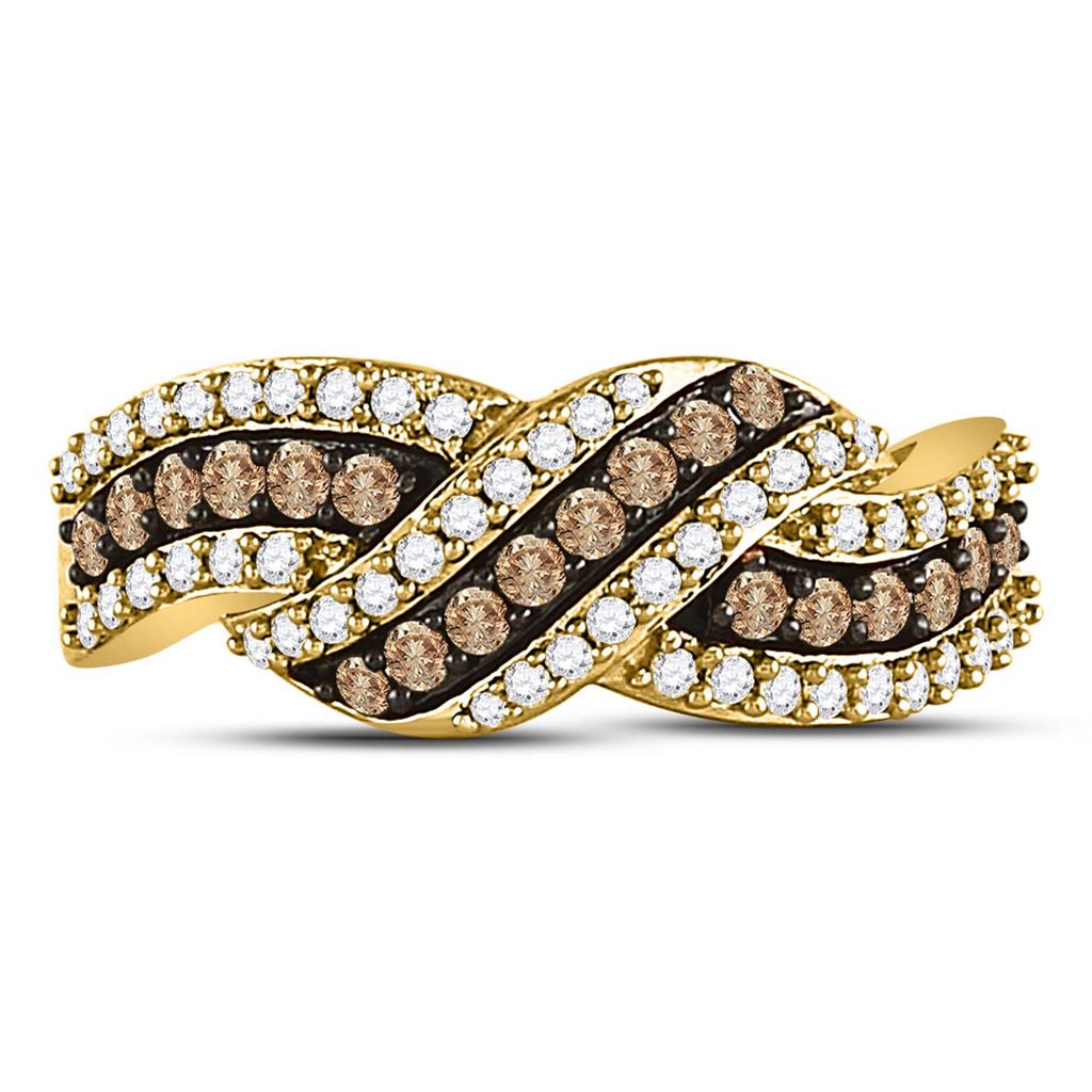 10k Yellow Gold Round Brown Diamond Crossover Band Ring 3/4 Cttw