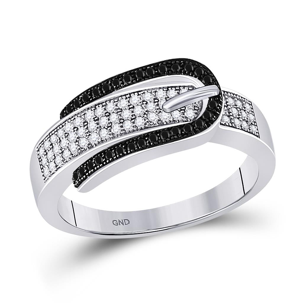 14k White Gold Black Diamond Belt Buckle Band Ring 1/4 Cttw