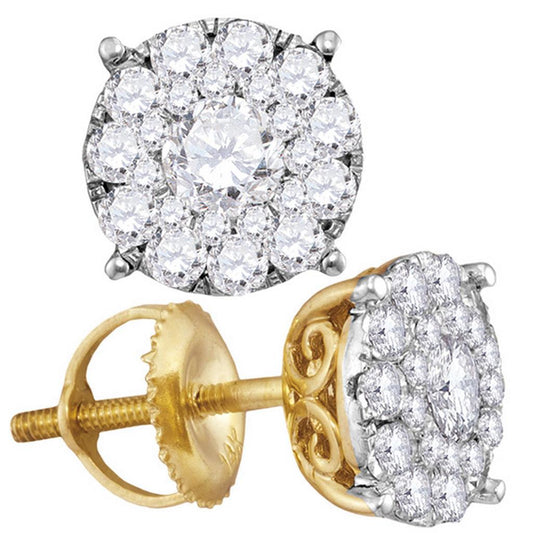 14k Yellow Gold Round Diamond Cluster Earrings 1 Cttw