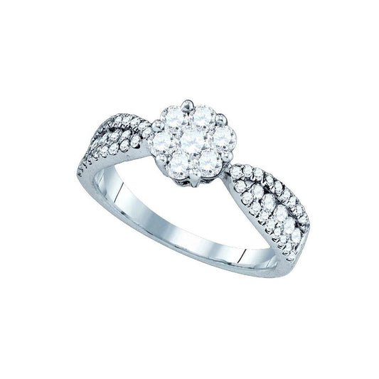 14k White Gold Round Diamond Cluster Bridal Engagement Ring 1 Cttw