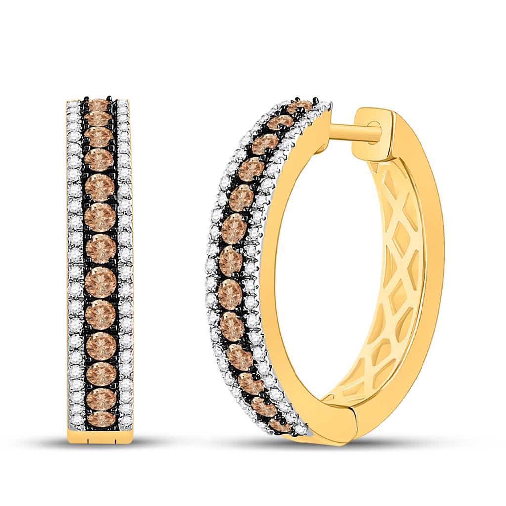 14k Yellow Gold Round Brown Diamond Hoop Earrings 1 Cttw