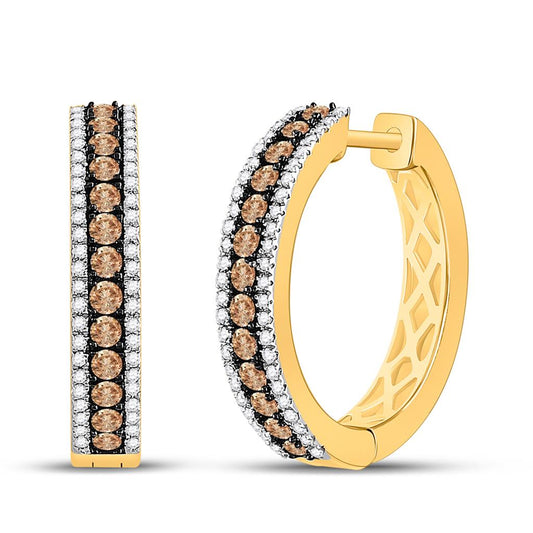 14k Yellow Gold Round Brown Diamond Hoop Earrings 1 Cttw