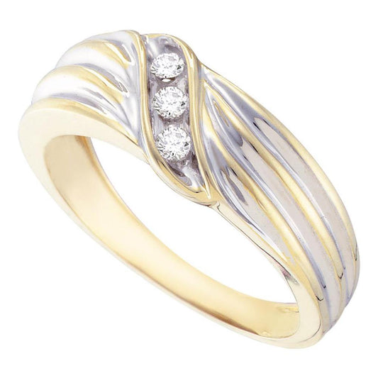 10k Yellow Gold Round Diamond Single Row Ribbed Two-tone Band Ring 1/8 Cttw