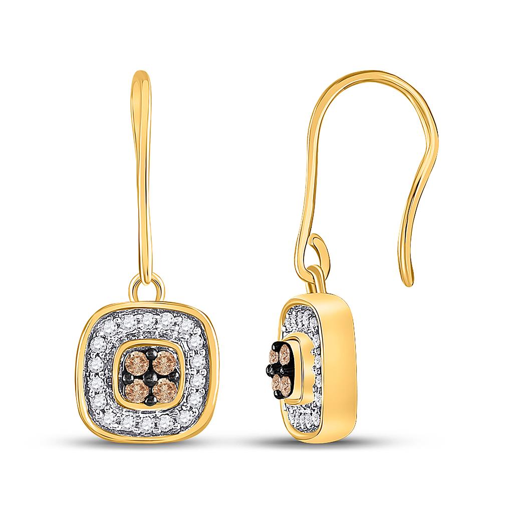 14k Yellow Gold Brown Diamond Square Cluster Dangle Earrings 1/3 Cttw