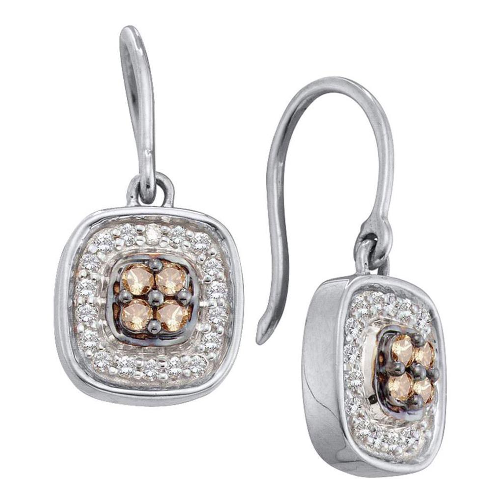 14k White Gold Brown Diamond Square Cluster Dangle Earrings 1/3 Cttw