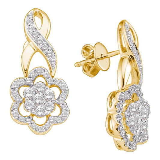 14k Yellow Gold Round Diamond Flower Cluster Earrings 1 Cttw