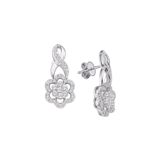 14k White Gold Round Diamond Flower Cluster Earrings 1 Cttw