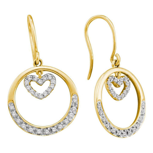 14k Yellow Gold Round Diamond Circle Heart Dangle Wire Earrings 1/4 Cttw