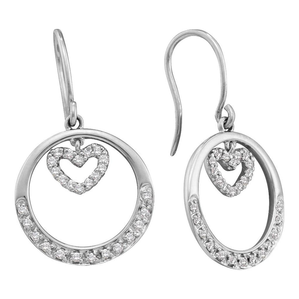 14k White Gold Round Diamond Circle Heart Dangle Wire Earrings 1/4 Cttw