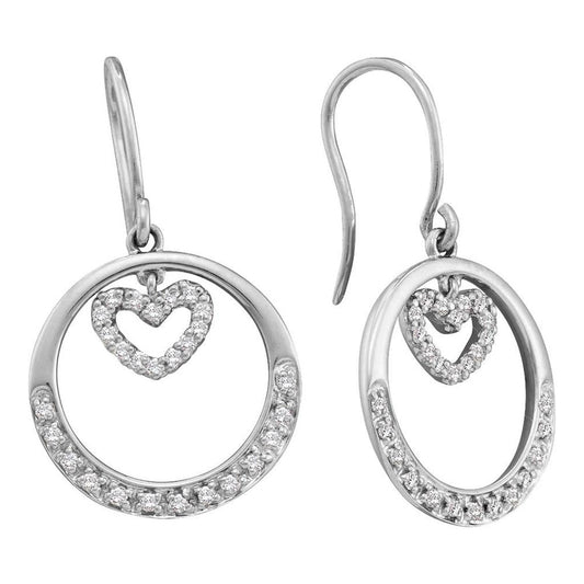 14k White Gold Round Diamond Circle Heart Dangle Wire Earrings 1/4 Cttw